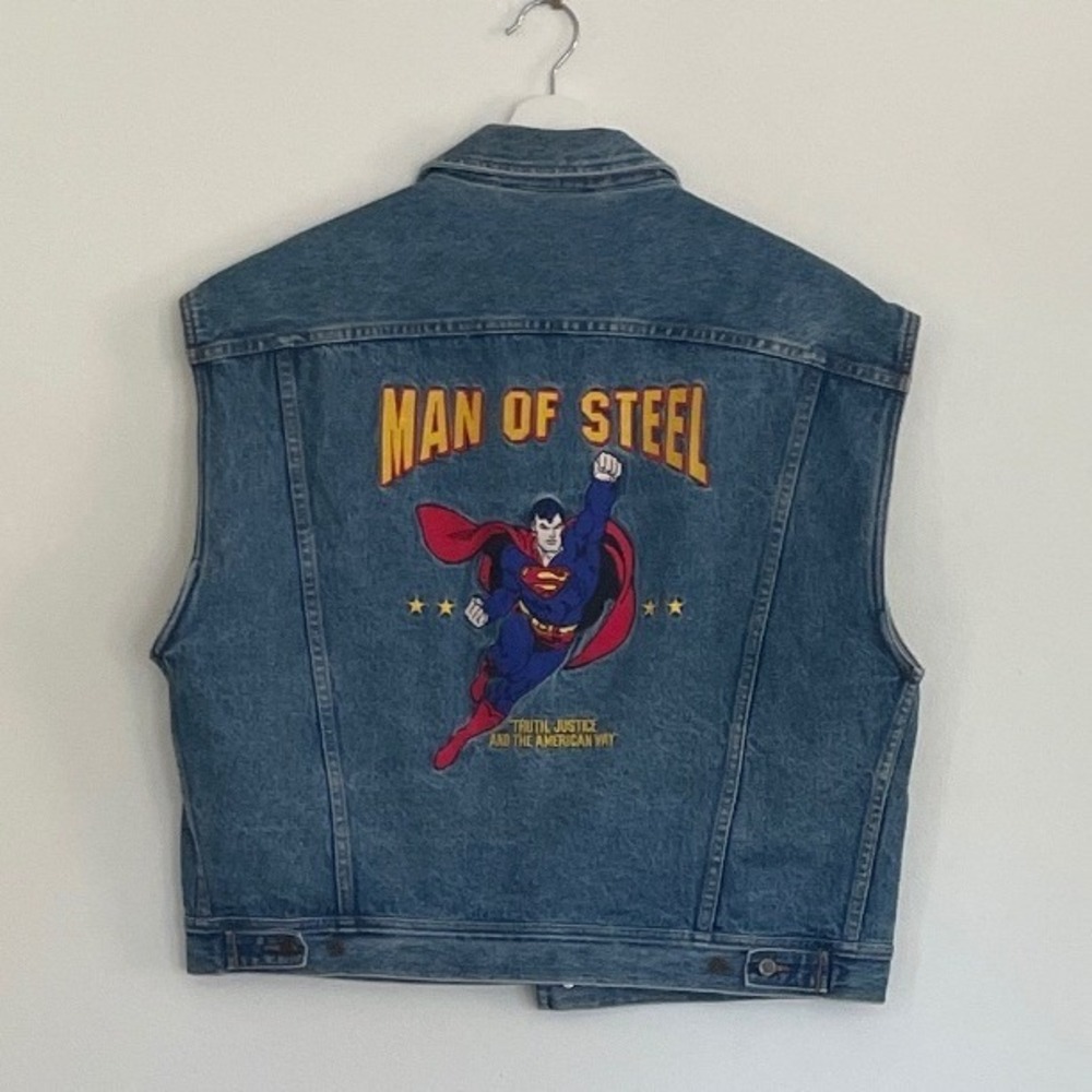 Vintage DC Comics Superman Man of Steel Embroidered Denim Vest Blue Large 0469‎